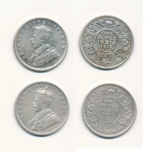 George V, Silver Rupee (2), 1915, Calcutta and Bombay Mints. Fine to Fine+, Scarce Date. (