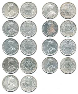 George V, Silver Rupee (9), 1912 Bombay Mint, 1913 Bombay Mint, 1914 Bombay Mint, 1916 Cal