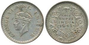 George VI, Half Silver Rupee, 1943, Bombay Mint, large head, small '3' in date. Very Fine+