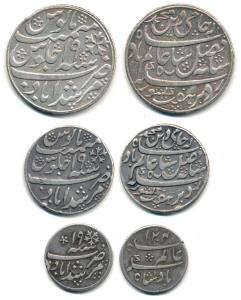 Murshidabad Mint, Silver Rupee, ½ and 1/4, in the name of Shah Alam II, oblique milling. V