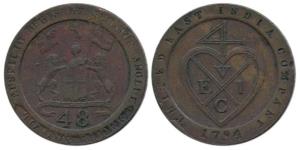 Copper Dub or 1/48-Rupee, 1794, EIC coat of arms on obv. bale mark on rev. Very Fine, Rare
