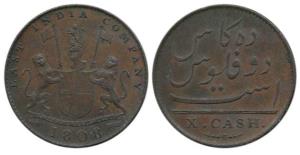 Copper 10 Cash, 1808, coat of arms of the EIC on obv., (KM 320). Very Fine.