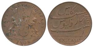 Copper 20 Cash, 1808, coat of arms of the EIC on obv., Extremely Fine.