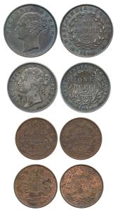 Queen Victoria, Silver Rupee (2), continuous and divided legend; EIC Copper ¼ Anna (2). Ve