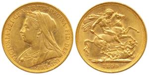 Australia, Victoria, Gold Sovereign, 8g, 1899, veiled head bust, rev. M mint mark for Melb