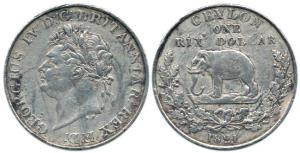 Ceylon, George IV, Silver One Rix Dollar, 1821 (KM#84). Very Fine, Rare.