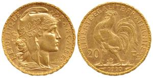 France Republic, Gold 20 Francs, 6.5g, Paris Mint, 1910, inscription on edge LIBERTE EGALI