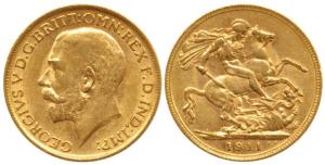 Great Britain, George V, Gold Sovereign, 8g, 1911, (KM 820). Very Fine+.