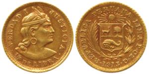 Peru, Gold 1/5 Libra (Pound), 1.6g, 1913, Trade Coinage, struck at Lima, (KM 210). Extreme