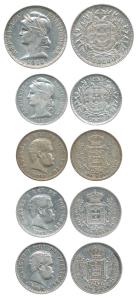 Portugal, Silver 1 Escudo 1915; 500 Reis (50 centavos) 1892, 1898, 1908 and 1913. Very Fin