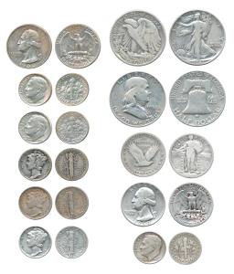 USA, Silver ½ $ (2) 1941 and 1950; ¼ $ (3) 1950, 1960 and ND; Dime (6) different dates 193