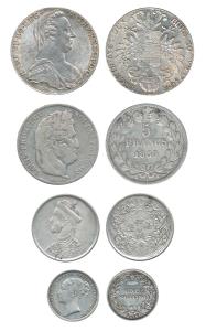 Mixed lot, Austria, Maria Theresia crown, France 5 Francs 1835, Tibet Rupee Veritcal Rosse
