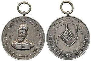 Tata Iron and Steel Company, Silver, For 25 years Service, portrait of Jamshedji Tata on o
