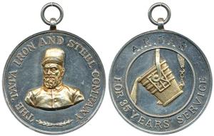 Tata Iron and Steel Company, Silver, For 35 years Service, portrait of Jamshedji Tata on o