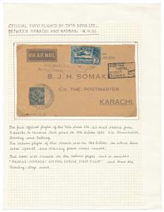 Tata Sons Ltd., First Flight Cover from Karachi to Madras, first flight of the Tata Sons L