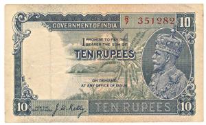 George V, Rupees 10, 3rd Issue, 1933, signed J. W. Kelly, (Jhun 8.2). Very Fine.