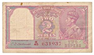 George VI, Rupees 2, signed C. D. Deshmukh, Red Serial number (Jhun 2.3). About Very Fine,