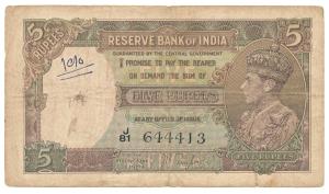 George VI, Rupees 5, 1st issue, 1938, signed J. B. Taylor, (Jhun 3.1). Fine.