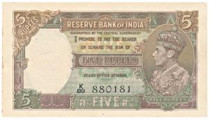 George VI, Rupees 5, 1st issue, 1944, signed C. D. Deshmukh, (Jhun 3.2). Extremely Fine.