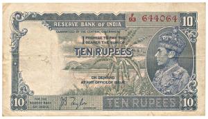 George VI, Rupees 10, 1st Issue, 1938, signed J. B. Taylor, (Jhun 5.1). About Very Fine.