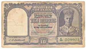George VI, Rupees 10, 2nd Issue, 1944, signed C. D. Deshmukh, serial number in green (Jhun