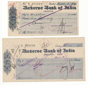 Reserve Bank of India, two different cheques, Calcutta Branch, dated 1946 and 1947, one bi