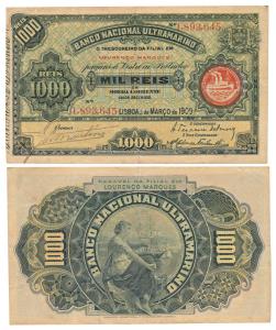 Portuguese, Cinco (Five) and Mil (Thousand) Reis, 1908 and 1909, Banco Nacional Ultramarin
