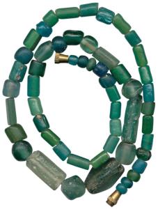 Ancient Beads, (c.100-1,000 BC), used for jewellery. A newly strung necklace made from bea