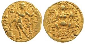Guptas, Samudragupta, Gold Dinar, Archer type, obv. king nimbate standing left, holding st