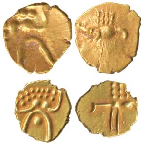 Hoysalas, Viraraya Gold Fanam (2), obv. stylized lion standing right with crescent above; 