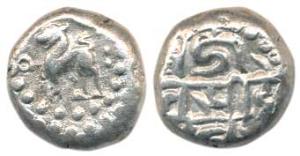 Chowhans of Ranthambhor, Jaitra Simha, Silver Dramma, obv. Lion facing left, rev. legend J