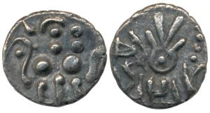 Yadavas of Devagiri, Bhojadeva, Silver Kasu, obv. lion to right; rev. standing human figur