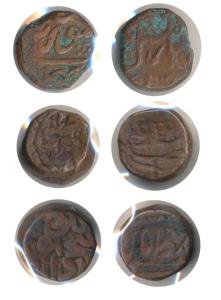 Akbar, Copper Dam (3), Fathpur Mint, AH 987; Jahangir, Bairata Mint; Aurangzeb, Surat Mint