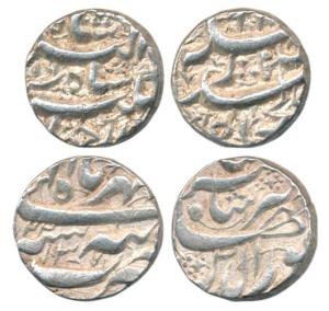 Jahangir Silver Rupee (2), Tatta Mint, AH 1037/22 and Qandhar Mint, RY 16. Extremely Fine.