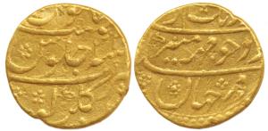 Aurangzeb, Gold Mohur, 10.87g, Gulbarga Mint, RY 34, complete mint name at bottom (KM 315.
