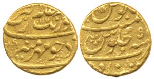 Aurangzeb, Gold Mohur, 10.84g, Khujista Bunyad Mint, AH 1117/50 (KM 315.30). About Very Fi