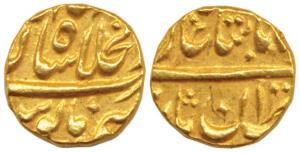 Muhammad Shah, Gold ½ Mohur, 5.46g, Dar ul-Khilafat Shahjahanabad Mint, (KM D438.1). Extre