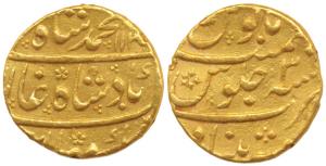 Muhammad Shah, Gold Mohur, 10.94g, Khujista Bunyad Mint, AH 113x/3 (KM 438.13). Very Fine+