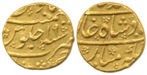 Muhammad Shah, Gold Mohur, 10.92g, Khujista Bunyad Mint, RY 19 (KM 438.13). Extremely Fine