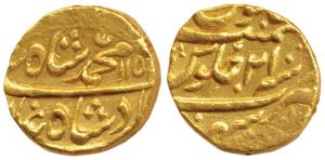 Muhammad Shah, Gold Mohur, 10.84g, Sahrind Mint, AH 1151/21 (KM 438.21). About Extremely F