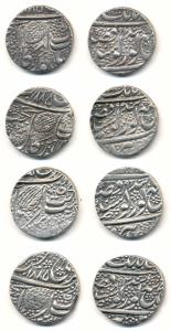 Amritsar Mint, Silver Rupee (4), Nanakshahi type, VS 1885, with different years on rev. 94