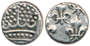Pondicherry, Silver Fanon, pearled crown on obv.; fleur-de-lis on rev (KM# 44). About Very