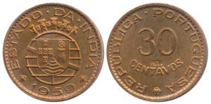 Goa, Proof Bronze, 30 Centavos, 1959, Prova (Proof) mark incused on obv., (KM 31). Proof, 