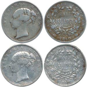 Victoria Queen, Silver ½ Rupee (2), 1840, continuous legend, 19 Berries. Fine to Fine+, Sc