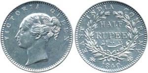 Victoria Queen, Silver ½ Rupee, 1840, continuous legend, obv. English head, rev. 19 Berrie