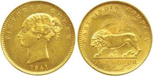 Victoria Queen, Gold Mohur, 1841, continuous legend, Calcutta Mint, without initial on tru