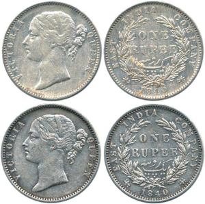 Victoria Queen, Silver Rupee (2), 1840, divided legend, obv. w.w.b and w.w.s raised, rev. 