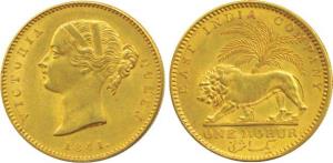 Victoria Queen, Gold Mohur, 1841, divided legend, WW incused on truncation and die crack o