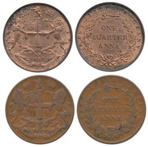 Copper ¼ Anna, 1857 and 1858. First Fine and Scarce date, the other. About Uncirculated.