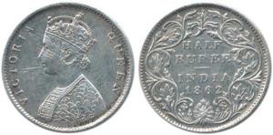 Victoria Queen, Silver ½ Rupee, 1862, obv. B, rev. II. Scratches on obv. otherwise Very Fi